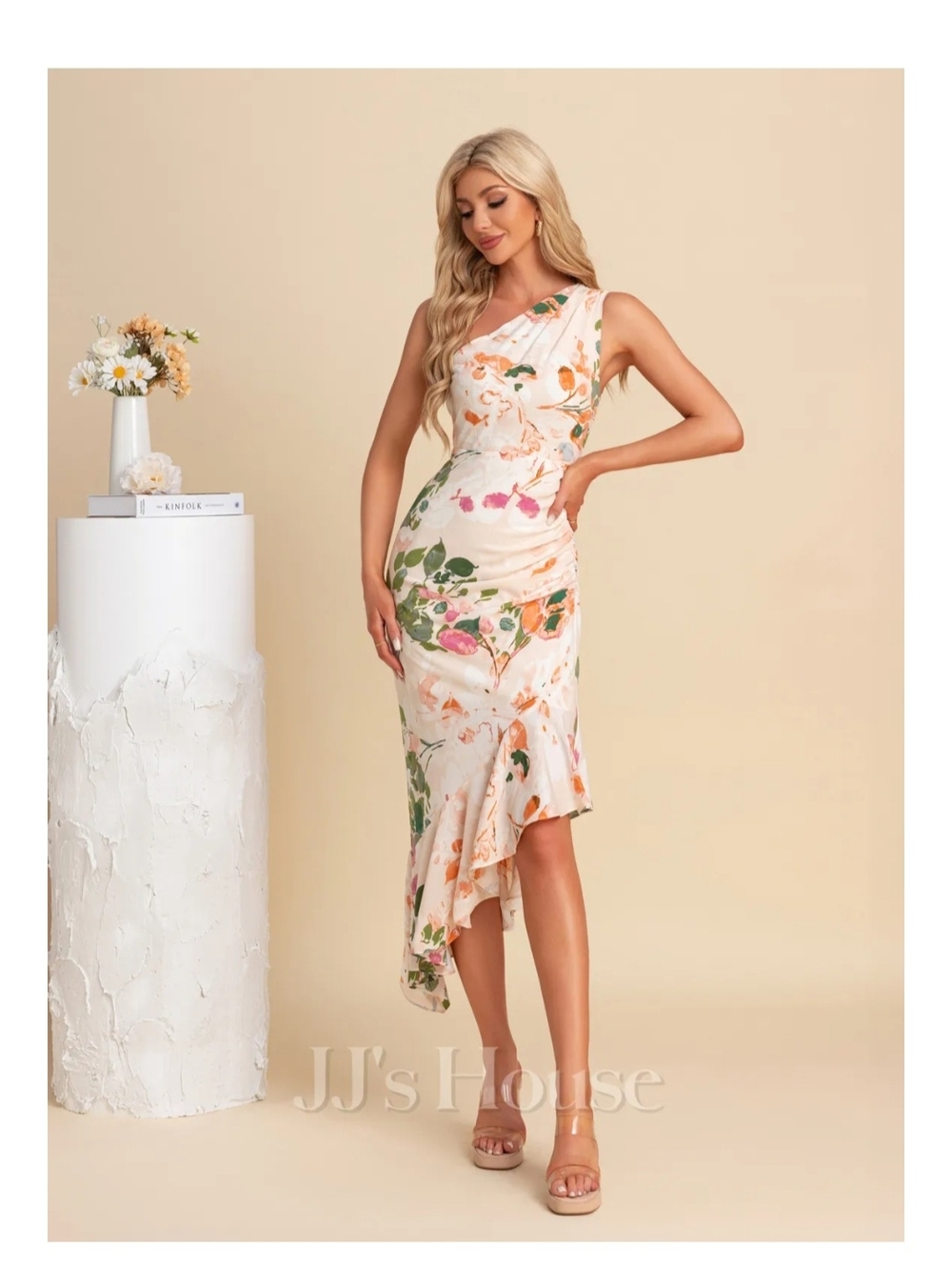 JJs House Olena One-Shoulder Floral Asymmetric Midi Dress